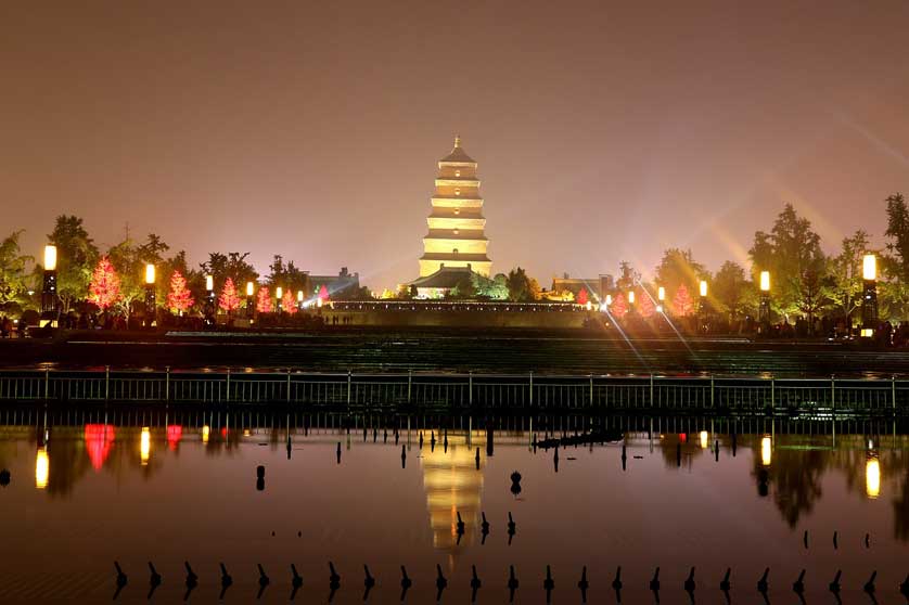 The pagoda illuminated at night.