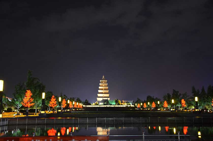 The pagoda illuminated at night.