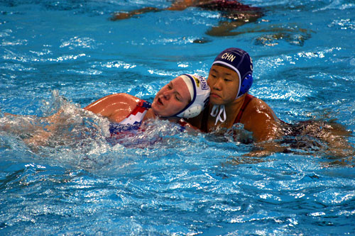 Water polo match at Ying Tung Natatorium, Beijing, China.